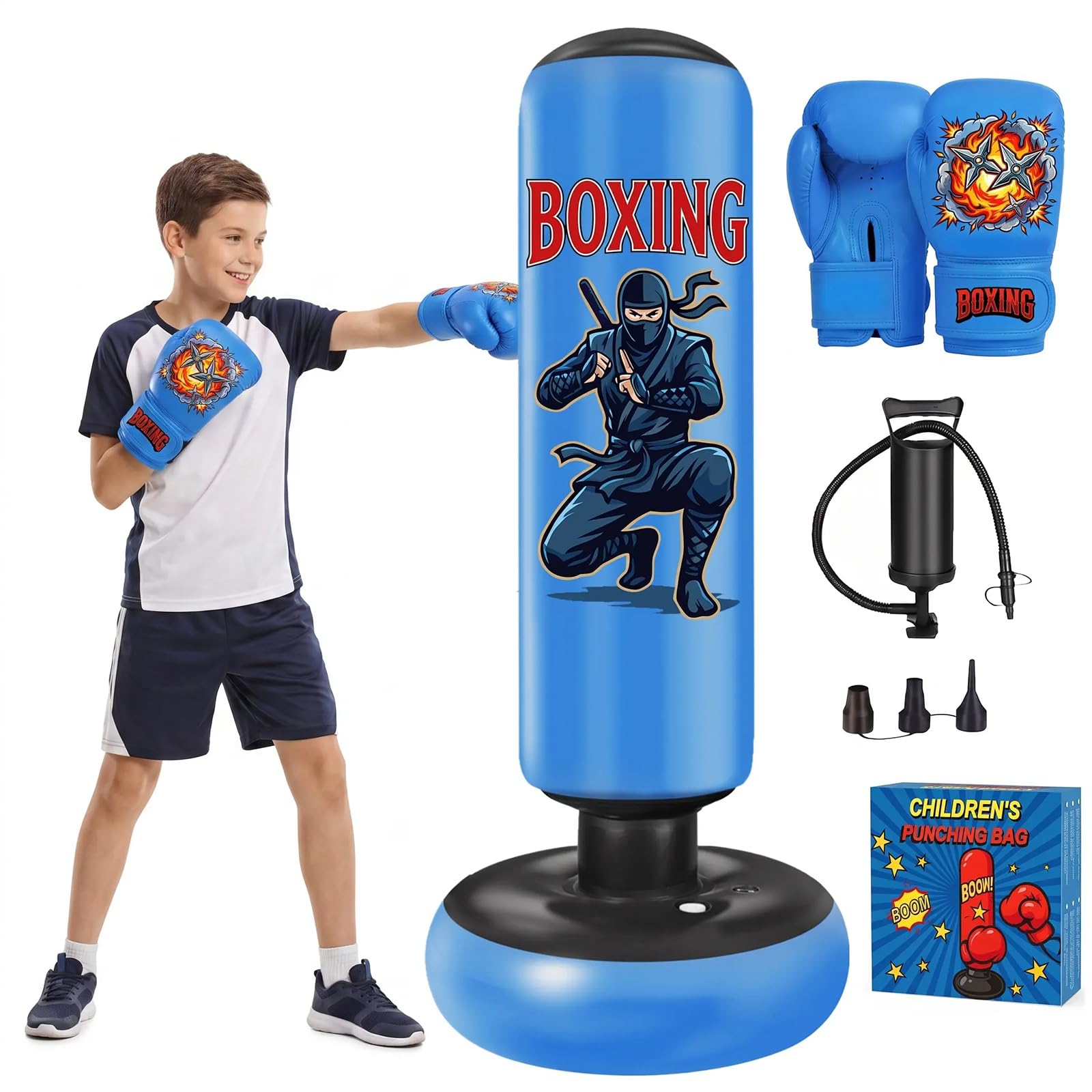 Qoosea Sacco da Boxe per Bambini, 165cm Stabile Pungiball Bambini con Guantoni de Box, Sacco da Boxe da Terra Gonfiabile per Taekwondo Karate MMA, Regalo per Ragazzi Ragazze