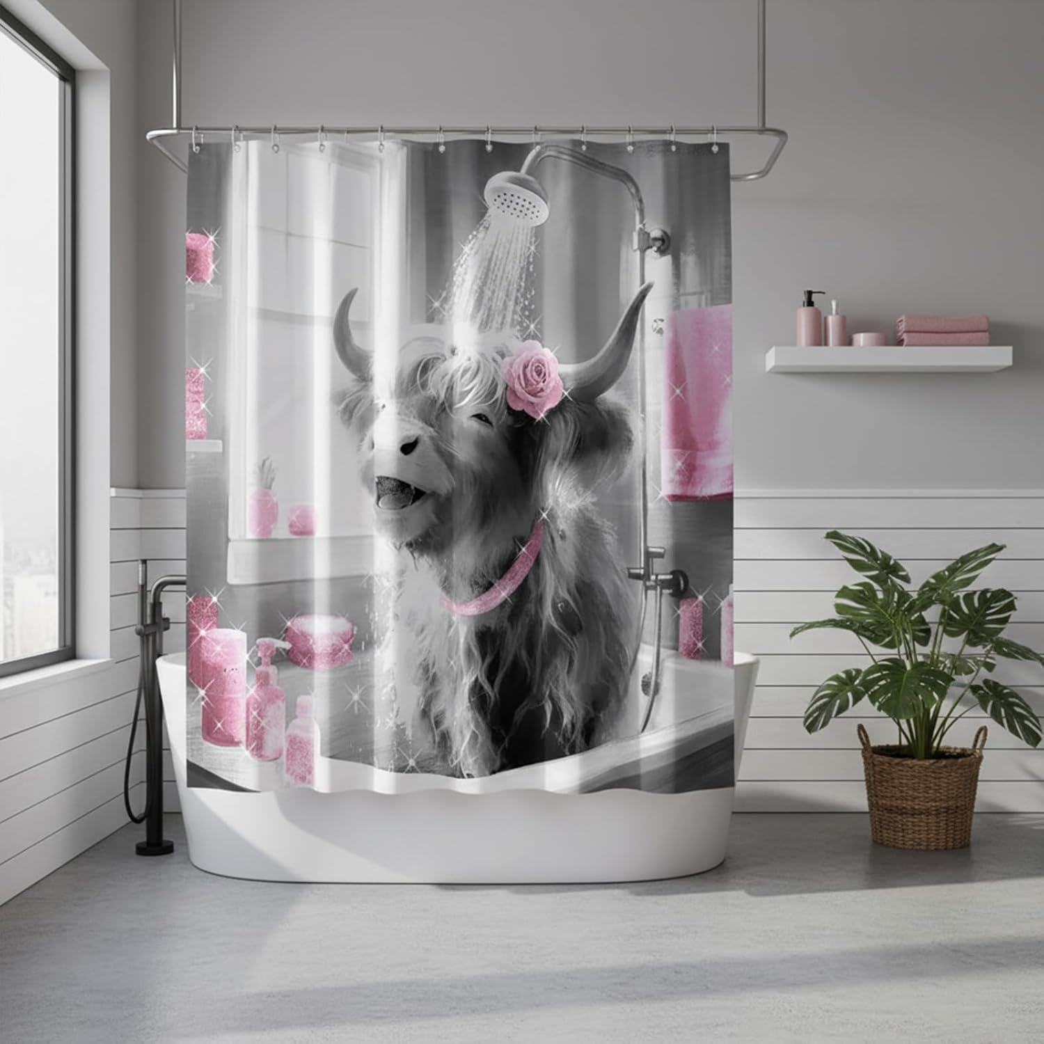 FuShvre Highland Cow Shower Curtain Black and White with Pink Accents Bathroom Curtain Funny Bathroom Decor 72x72 inches with 12 Hooks (Pink)