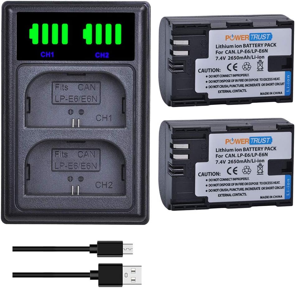 2Pcs 2650mAh LP-E6 LP-E6N Battery with LED Dual Charger for Canon EOS R5,R6,R7,RP,60D, 60Da, 70D, 80D, 5D Mark II, 5D Mark III, 5D Mark IV, 5DS, 5DS R, 6D, 6D Mark II, 7D, 7D Mark II,XC10