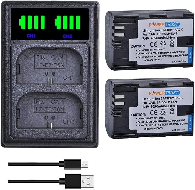PowerTrust 2Pcs 2650mAh LP-E6 LP-E6N Battery + LP E6 Battery Charger for Canon EOS 60D, 60Da, 70D, 80D, 5D Mark II, 5D Mark III, 5D Mark IV, 5DS, 5DS R, 6D, 6D Mark II, 7D, 7D Mark II, XC10