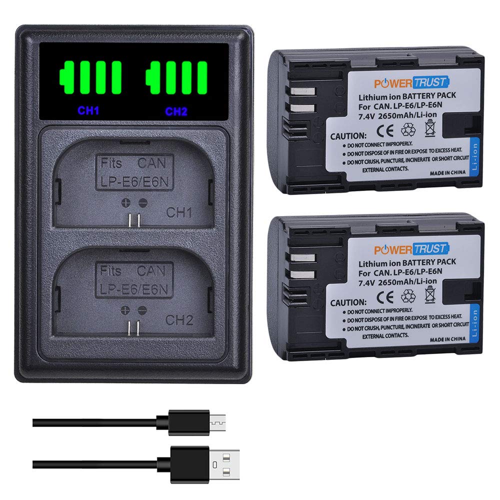 2Pcs 2650mAh LP-E6 LP-E6N Battery with LED Dual Charger for Canon EOS R5,R6,R7,RP,60D, 60Da, 70D, 80D, 5D Mark II, 5D Mark III, 5D Mark IV, 5DS, 5DS R, 6D, 6D Mark II, 7D, 7D Mark II,XC10