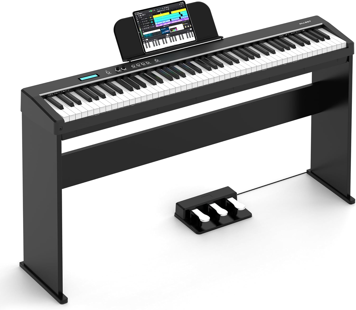 ALLSET ADP-161 Digital Piano | Space-Saving Upright with Wooden Stand | 88-Key Weighted Action & Triple Pedal | Dual 20W Stereo Speakers | USB-MIDI/Wireless Connect