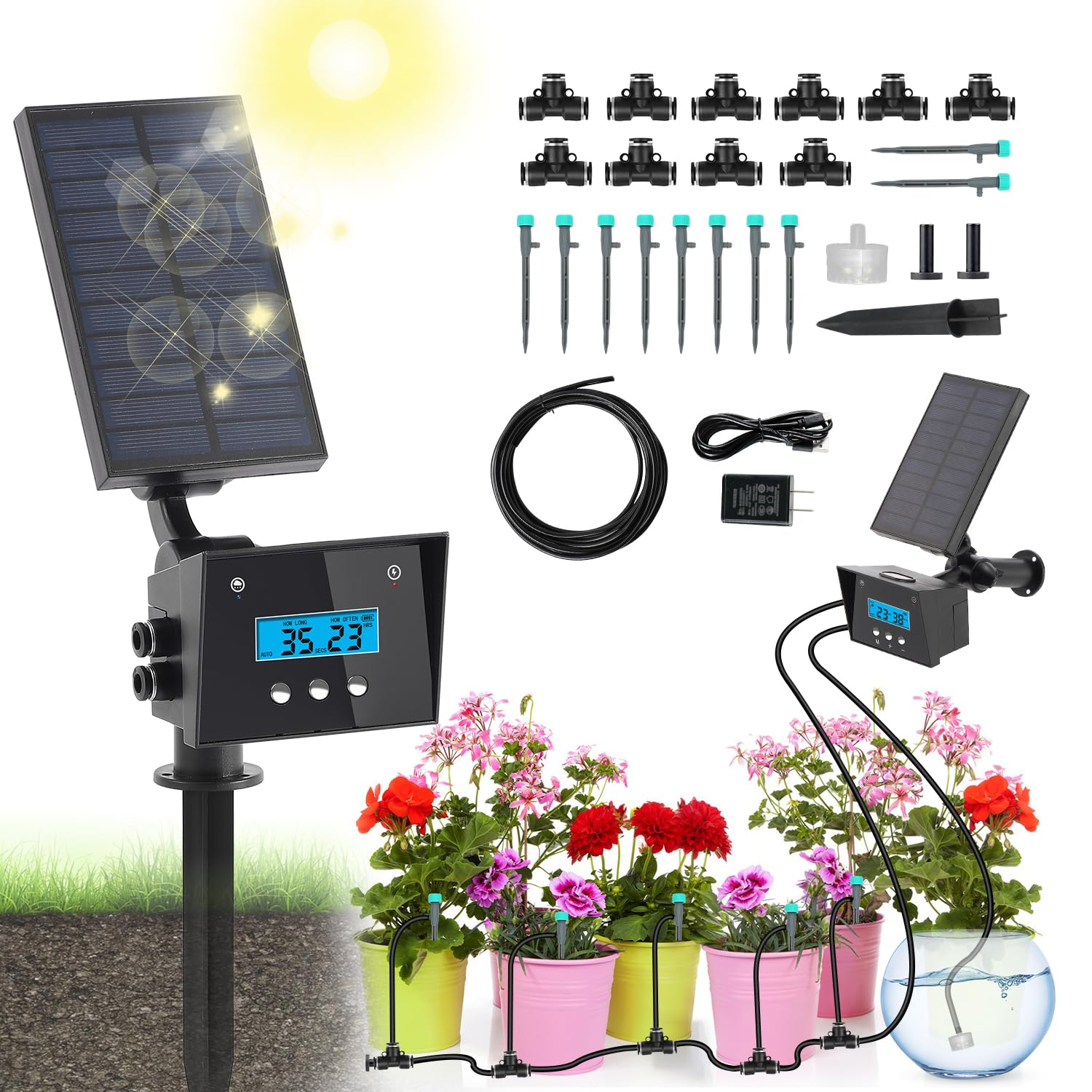Sistema di irrigazione a goccia solare, sistema di irrigazione automatico per giardinaggio all'aperto, batteria 2200 mA e funzione di rilevamento pioggia, per cortili, balconi, giardini, 10