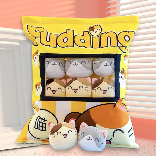 HICAS Cute Snack Pillow Stuffed Animal Toys,Kawaii Cute Plush Doll Cushion,Pudding Decorative Removable Kitty Cat Dolls Creative Toy Birthday for Teens Girls Kids (Yellow Cat)