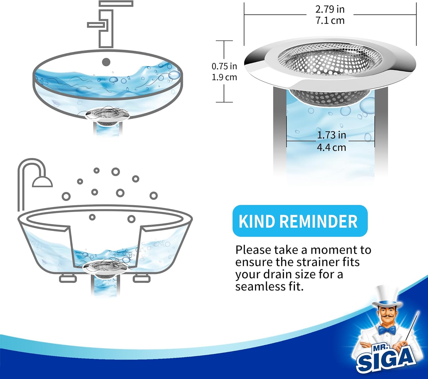 MR.SIGA Bathtub Drain Strainer, Stainless Steel Shower Bathtub Drain Hair Catcher, Bathroom Sink Drain Strainer, 3 Pack