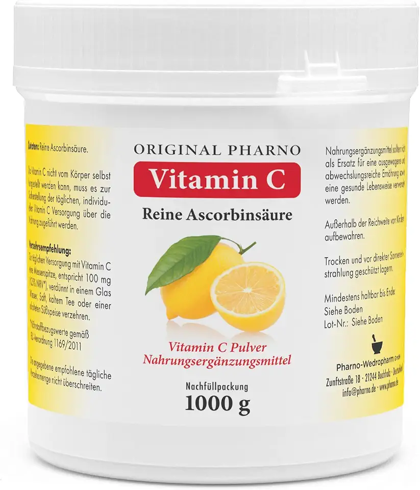 Vitamin C Pulver - Reine Ascorbinsäure - Apotheken Qualität 1 kg | 1 Dose mit 1.000g [Original-Pharno]
