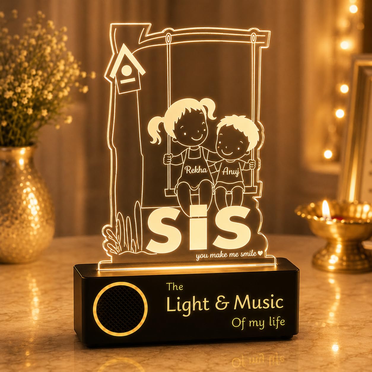 ZOCI VOCI Personalized Rakhi Gift for Sister | Custom Name SIS Lamp - Engraved Acrylic Night Lamp with BT Speaker | Unique Raksha Bandhan Gift for Sister, Didi & Siblings | Birthday Gift
