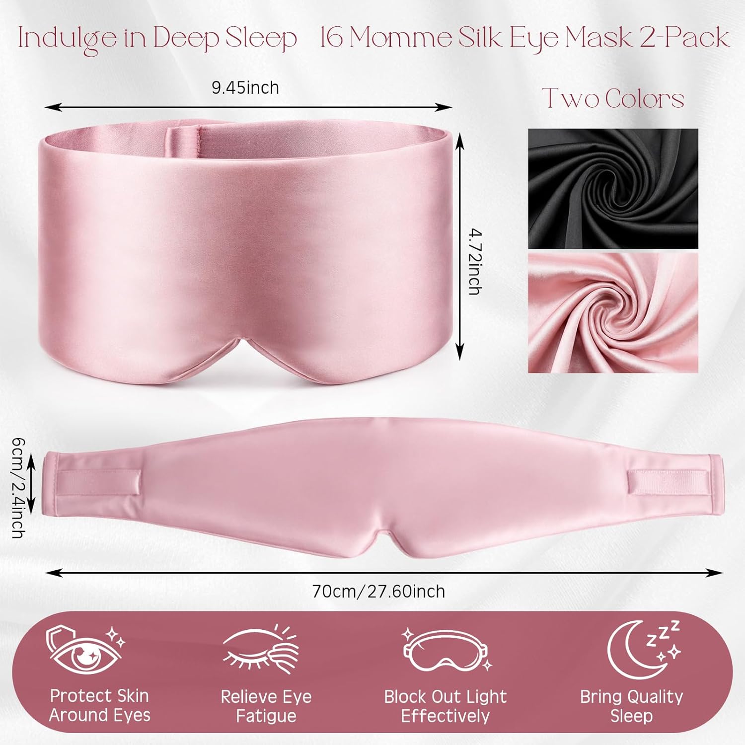 Bonuci 2 Pack Silk Sleep Mask for Sleeping 100% Mulberry Silk Eye Mask for Women Men, Soft Face-Hugging Padded Eye Cover with Adjustable Band for Side Sleeper Relaxation Meditation Naps