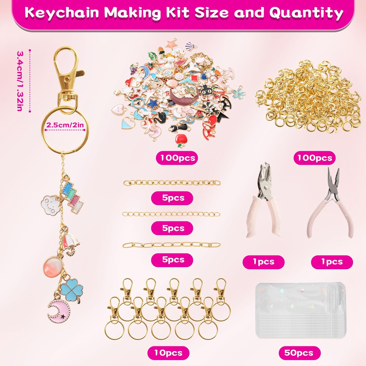 Sileasncei 277Pcs Charms Lip Gloss Keychain Making Kit, DIY Bag Charm Kit with 100 Enamel Charms, Keychain Clips, Chains, Jewelry Pliers, Hole Punch & Gift Bags for Custom Keychains Making Supplies - Image 2