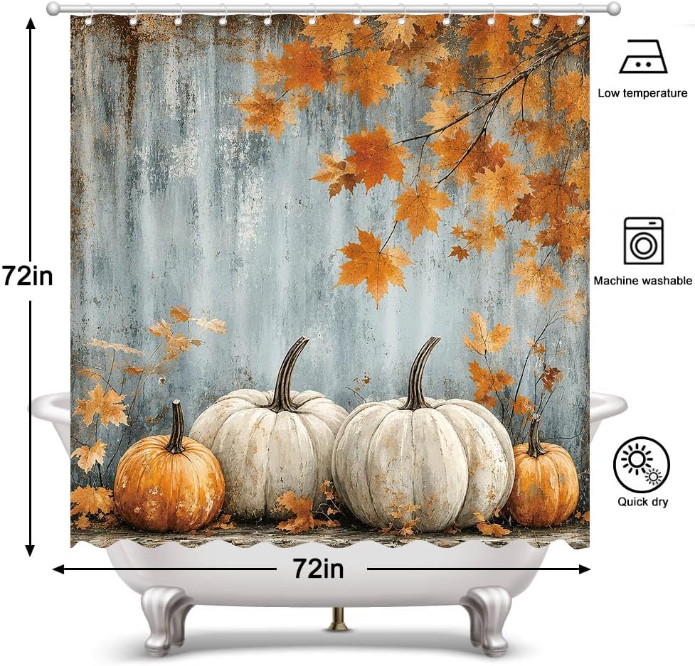 Fall Pumpkin Shower Curtain 72" x 72" Vintage Pumpkin Home Bathroom Decorations Autumn Thanksgiving Harvest Bathtub Curtain Set with 12 Hooks