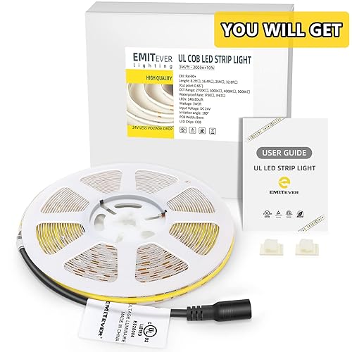 Miniatura 8 de EMITEVER Tira de luces LED COB blanca, 5000K 24V LED cinta de luz UL listado, Ra 90+, IP30, 32.8t, 3W/ft, 300+lúmenes/ft, 4800LEDS/carrete+96W