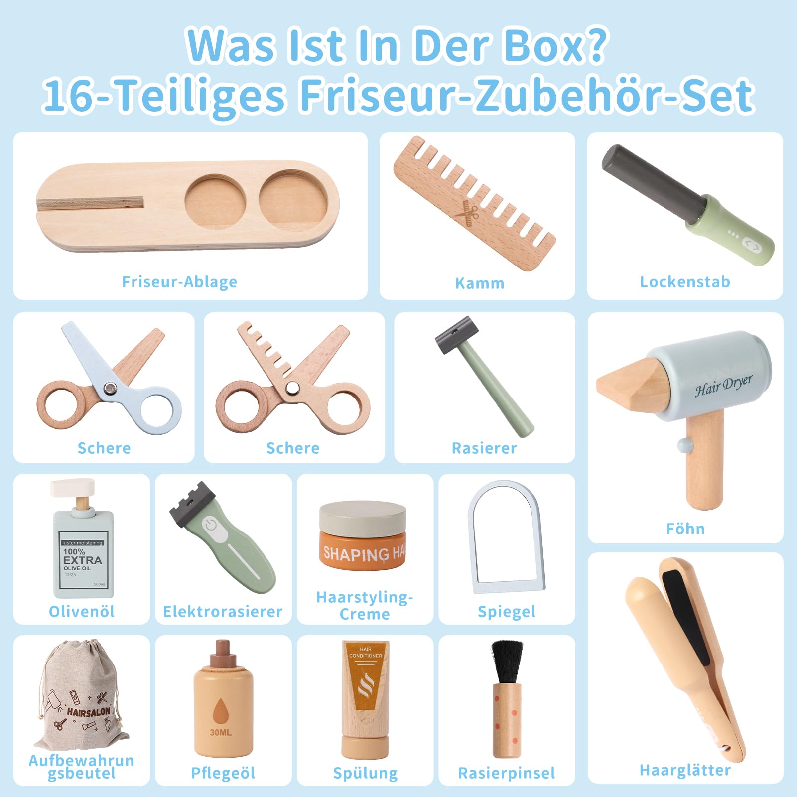 FIIOEOY Holz Friseur Set Kinder, Frisör Spielzeug mit Haartrockner, Lockenstab, Kamm & Rasierzubehör, Friseur Zubehör Rollenspiel Holzspielzeug Geschenk für Mädchen Jungen ab 3 4 5 Jahre