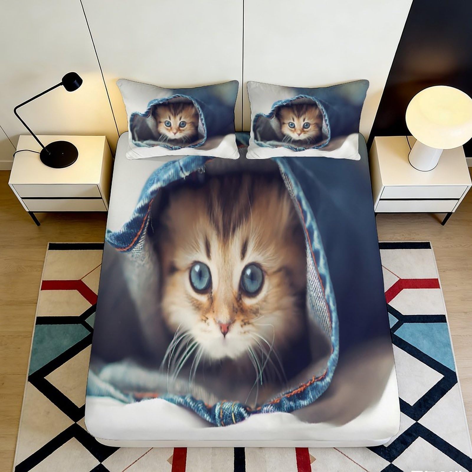3D Printed Cute Cat Fitted Sheet Microfiber Soft Bedroom Decor Blue Blanket Kitten Mattress Cover for Home Guestroom 90x200x25cm