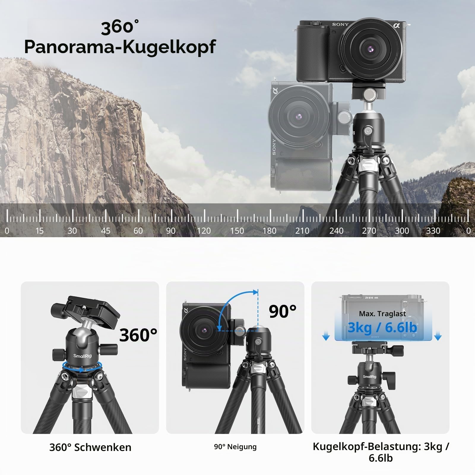 SMALLRIG Mini-Tischstativ aus Kohlefaser, Trípode 395mm/15,5Zoll kompaktes Tischstativ-Set im Taschenformat mit 360°-Kugelkopf, integrierter QR-Platte für Arca, Arbeitshöhe Reicht von 120-395mm - 5026