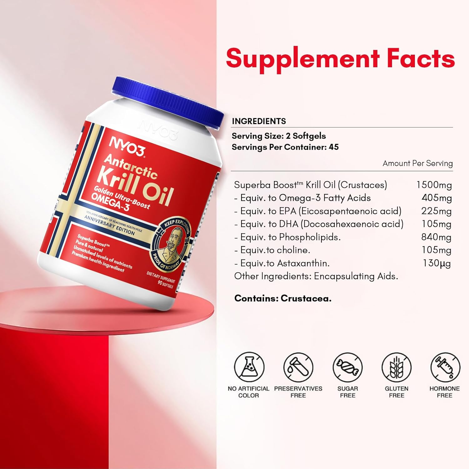 NYO3 Krill Oil 1500mg Omega 3 with EPA & DHA, Senior's Top Choice, High Content & High Absorption Pure Antarctic Krill Oil with Astaxanthin and 56% Phospholipids, Laboratory Tested,90 Softgels - Image 2