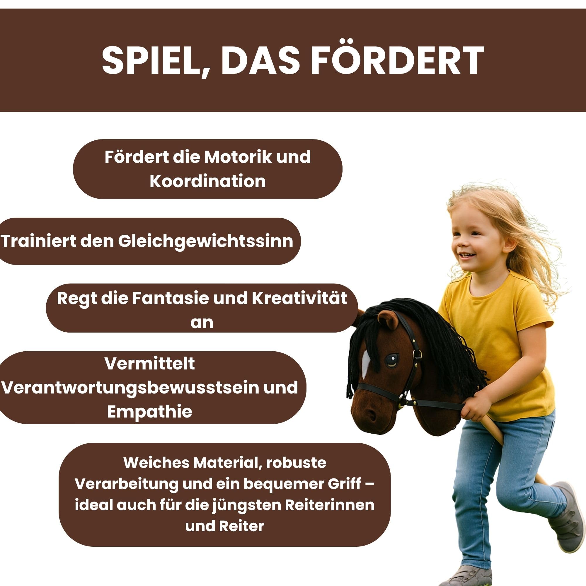 Start Hobby Horse – realistyczny koń na kiju z długą grzywą do układania fryzury – dla dzieci (A3) (Bella (Brązowy))