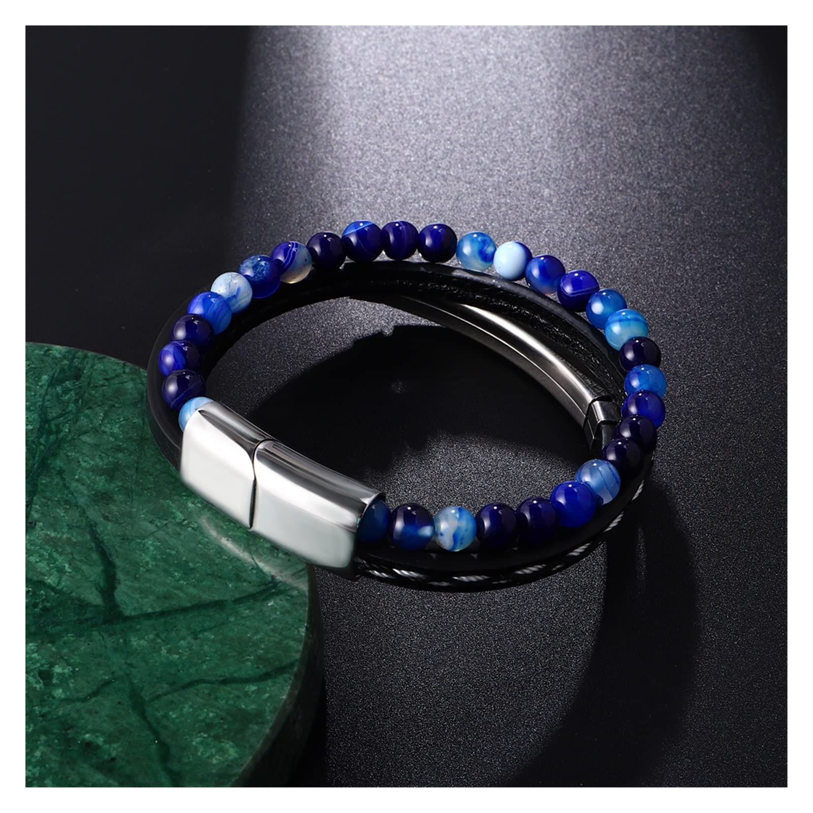 HLTYGWX Pulsera de Cuero grabada para Hombre, Cuentas de Piedra de Ojo de Tigre Amarillo, Regalos de joyería para Novio y Novia