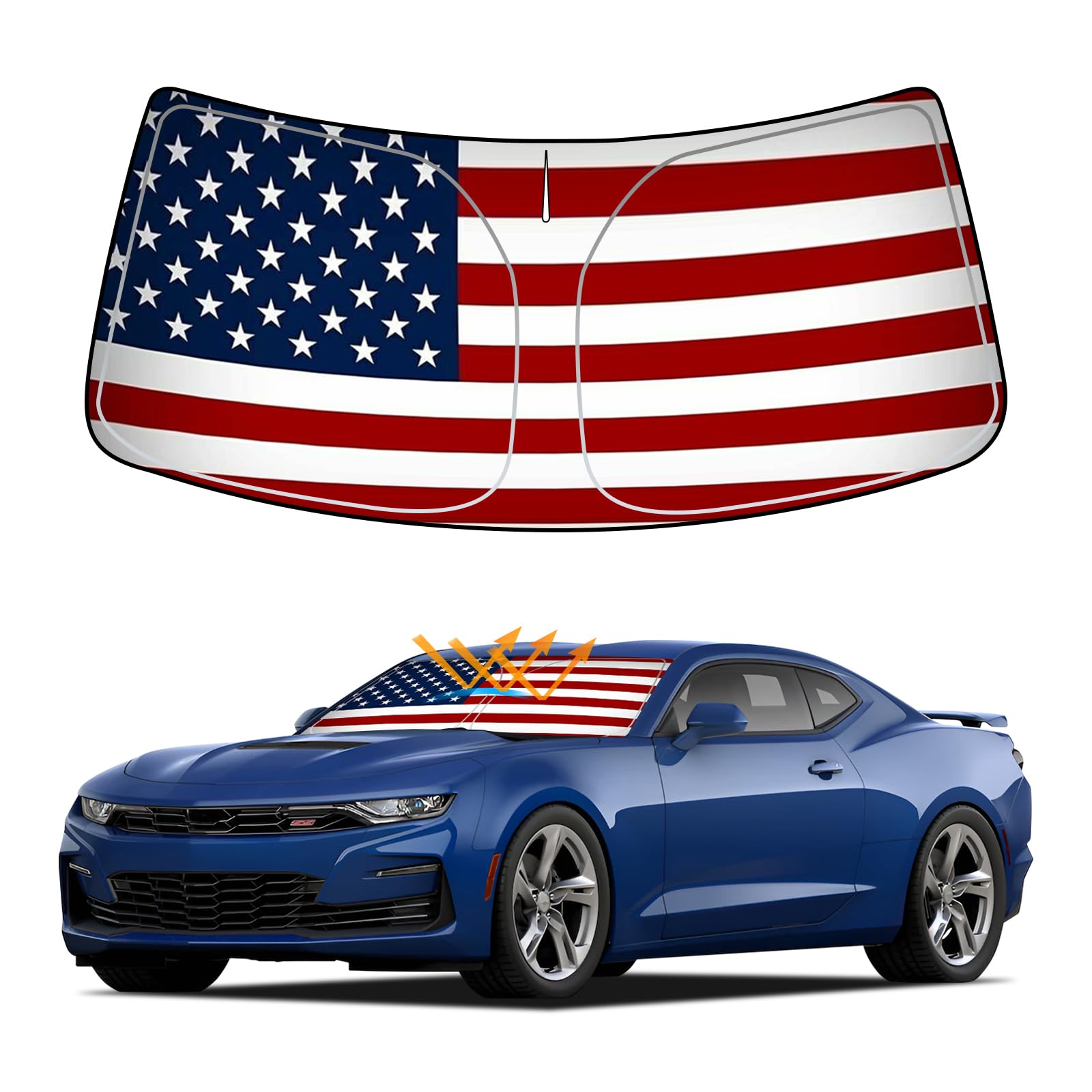 D-Lumina Winshield Sun Shade American Flag for Chevy Camaro 2016-2023, Foldable Front Sun Shield Protector Blocks UV Rays, 6th Gen Camaro Window Sunshade Sun Visor Interior Accessory
