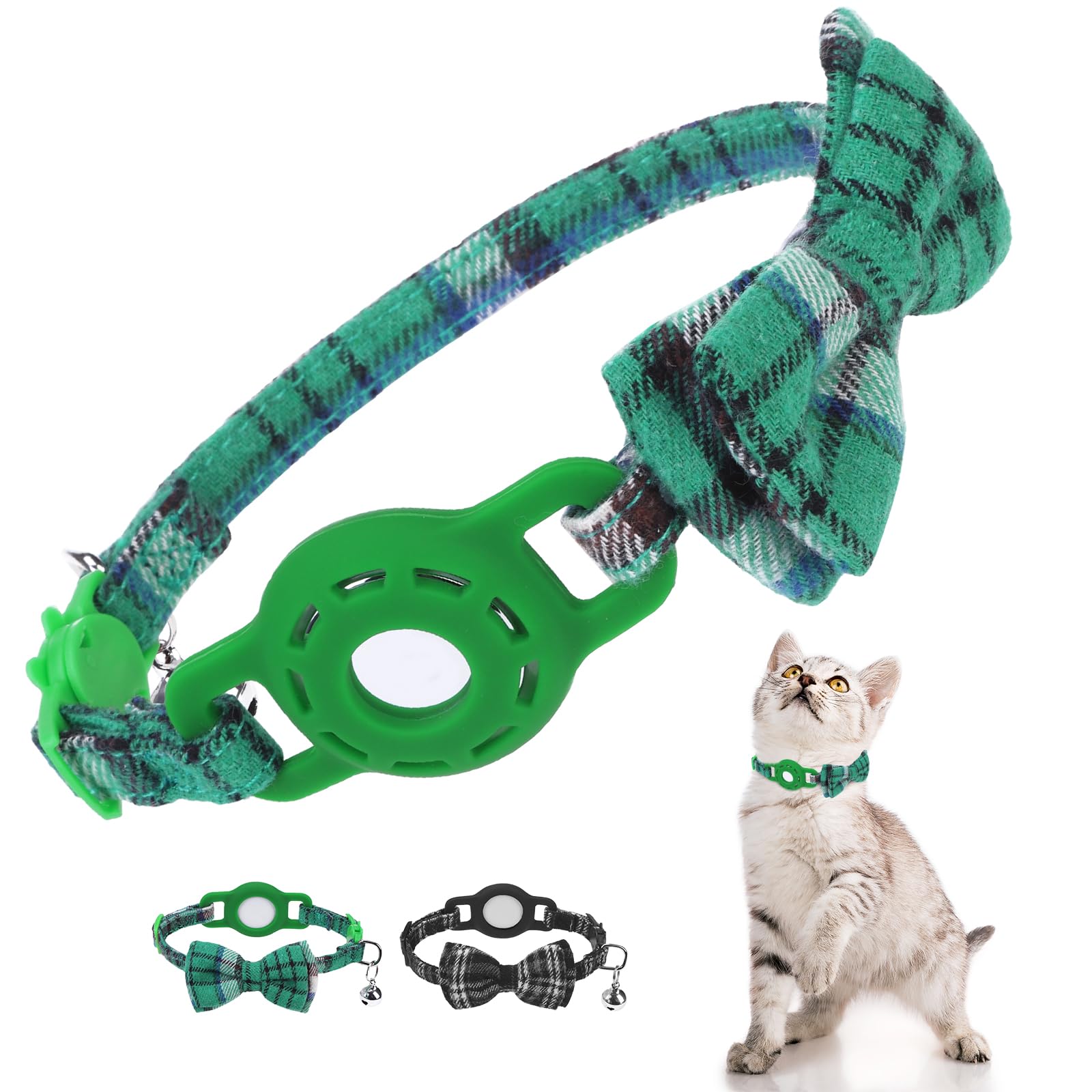 DILLYBUD Airtag Cat Collar with Bells and Bowtie - Cute Safety Elastic Band Adjustable Pet Collars with Waterproof Airtag Holder -GPS Tracker Cat Collars for Girl Boy Cats, Kitten and Puppies, Green