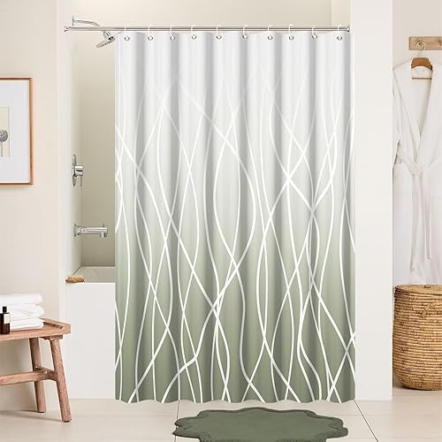 Miniatura 194 de Cortina de ducha pequeña a rayas gris claro degradado para baño, 36 x 72 pulgadas, juego de cortina de ducha geométrica para cabina de RV con Gris