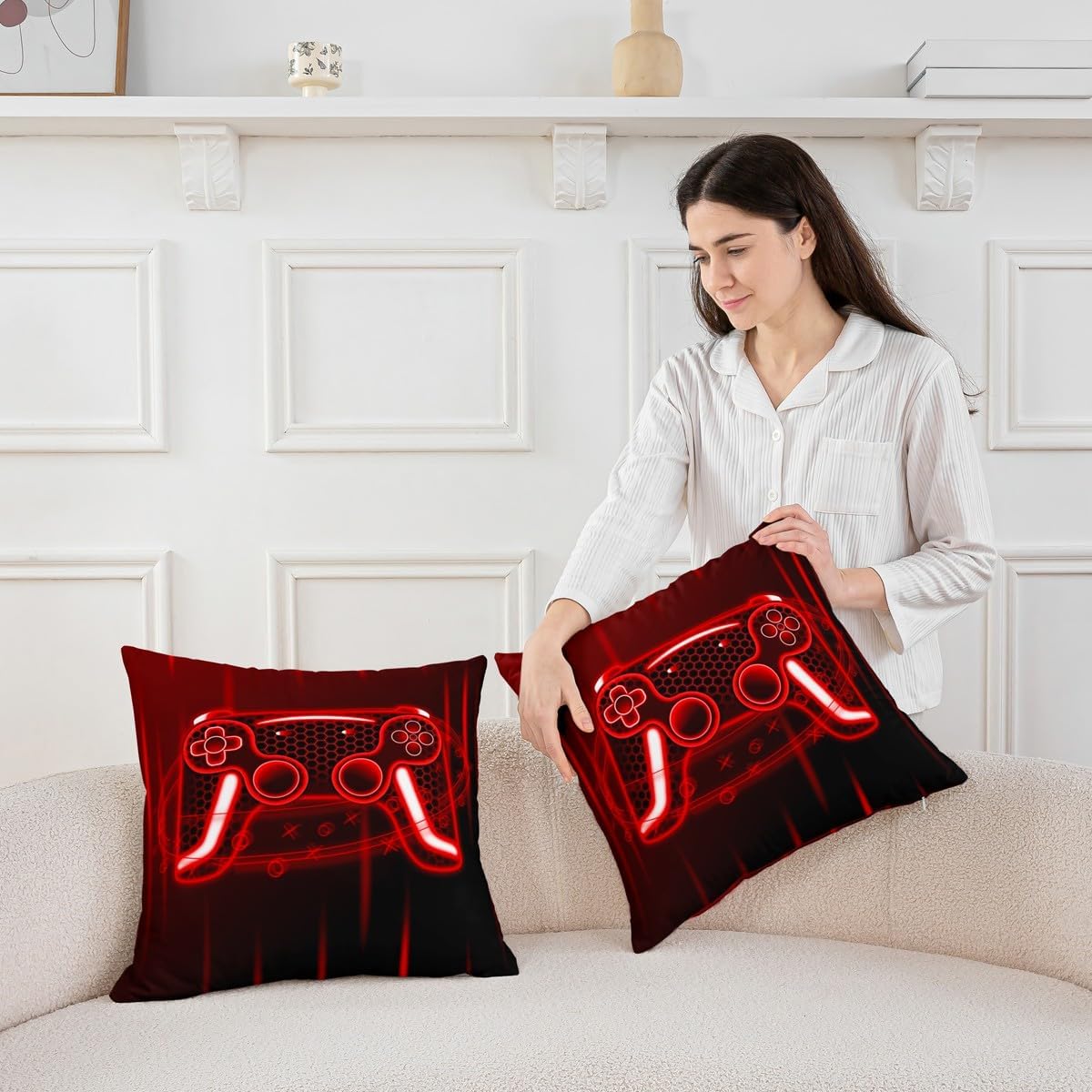 Erosebridal Game Controller Pack of 4 Throw Pillow Cover 16x16 Boys Gaming Cushion Cover Red Neon Gamepad Cushion Case 3D Game Joysticks Honeycomb Decorative Pillowcase