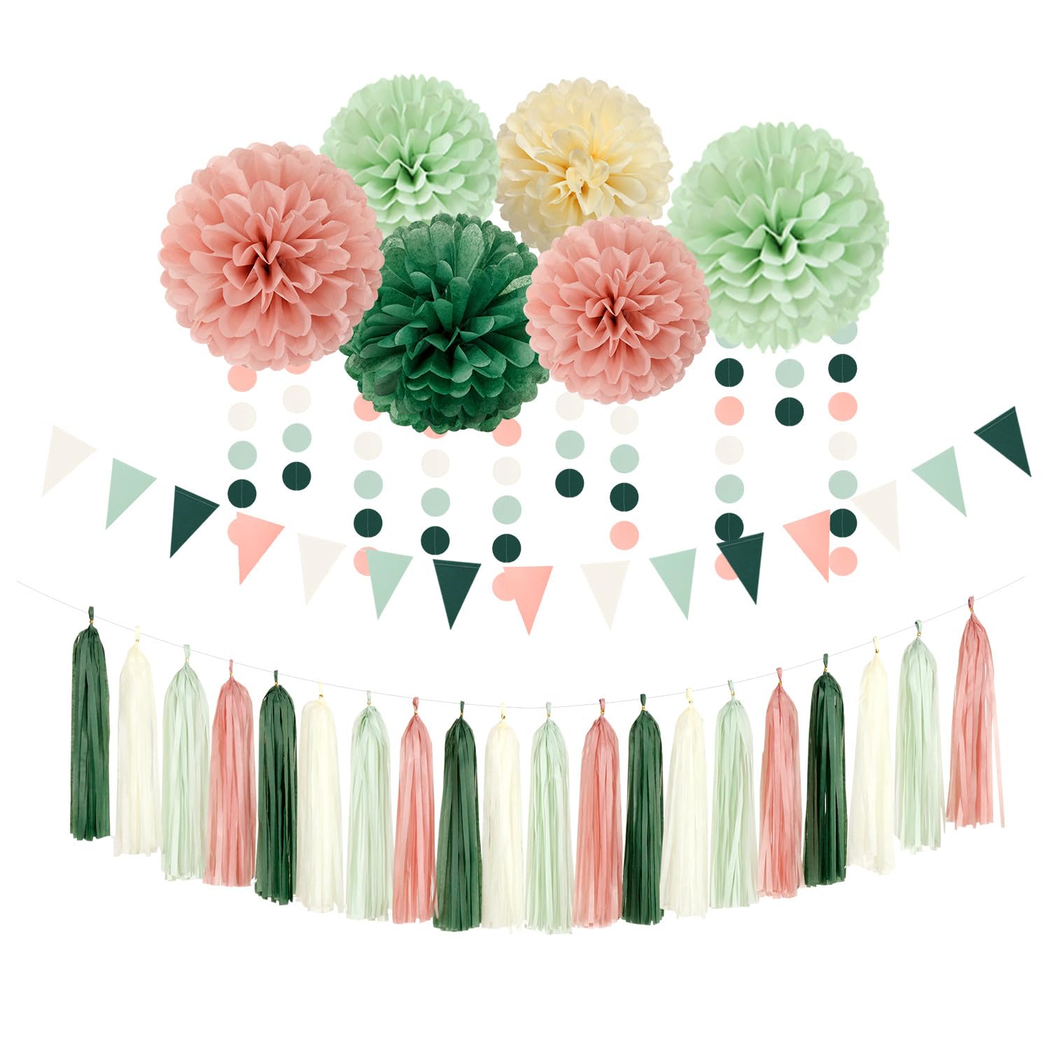 Sage-Olive Green Pink-Beige Boho Party Decorations -23pcs Rustic Neutral Wedding Paper Tissue Pom Poms Streamers,Tassel Garland Banner,Birthday Baby Bridal Shower Engagement Decor Lasting Surprise