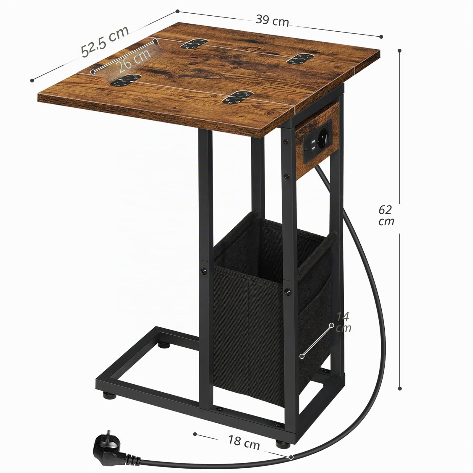 HOOBRO Mesa de Centro Plegable en Forma de C, Vintage Marrón y Negro | Base de Carga, Bolsa de Tela, Para Espacios Reducidos, Fácil Montaje, EBF30CSF01