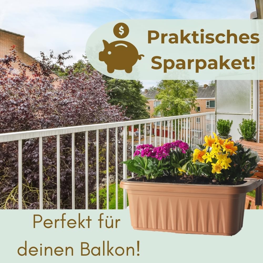 GarPet 4er Set Blumenkasten Balkongeländer Balkon Blumenkasten Balkonkasten mit Halterung Balkonkasten Geländerkasten mit Wasserspeicher 60 cm Terrakotta