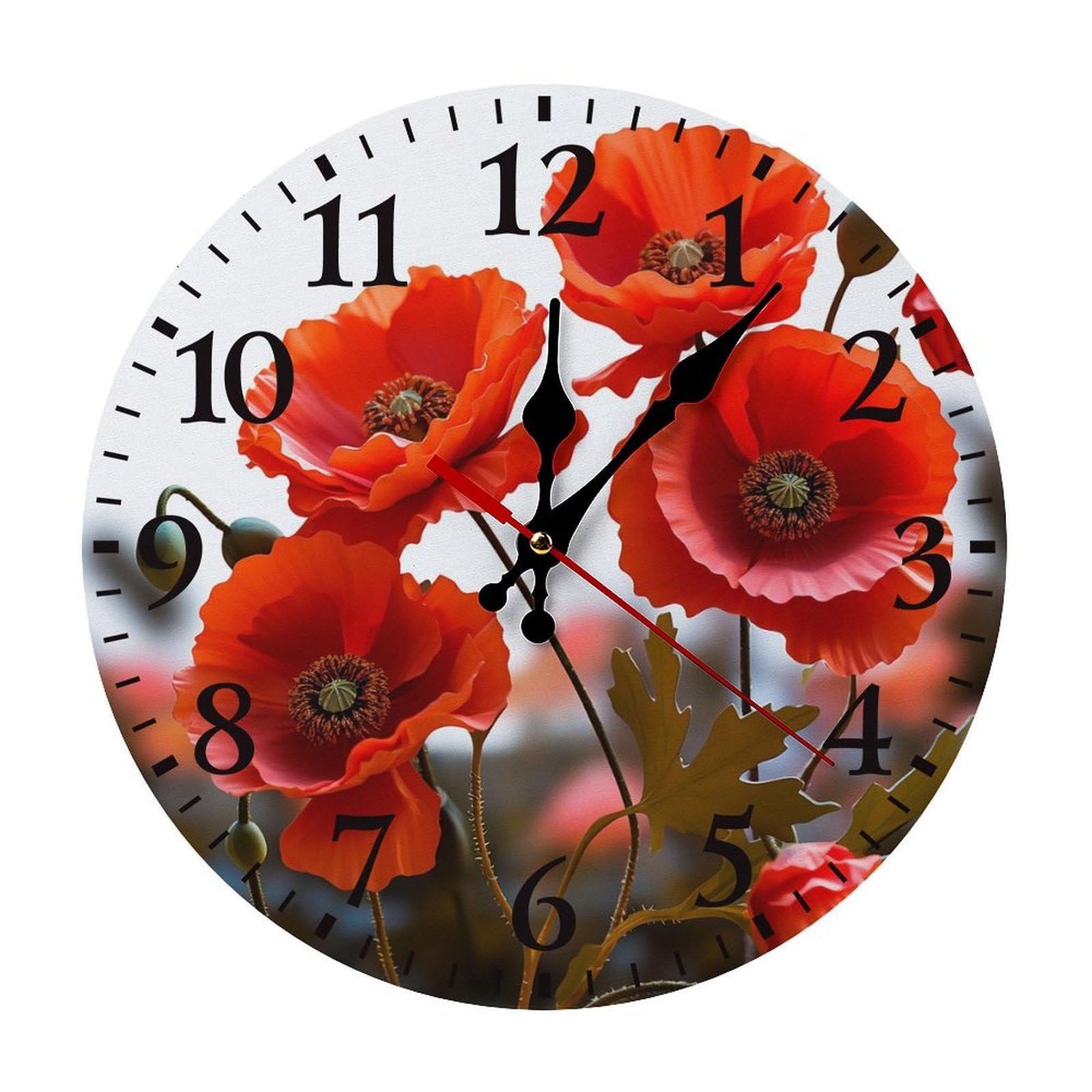 QMNLKH Poppy Flowers Vivid Petals Wall Clock for Home, Battery Operated Clock for Hotel, Round Wall Clock with Arabic Numerals Black, Easy to Read, Non-Ticking Clocks for Living Room 30 * 30cm