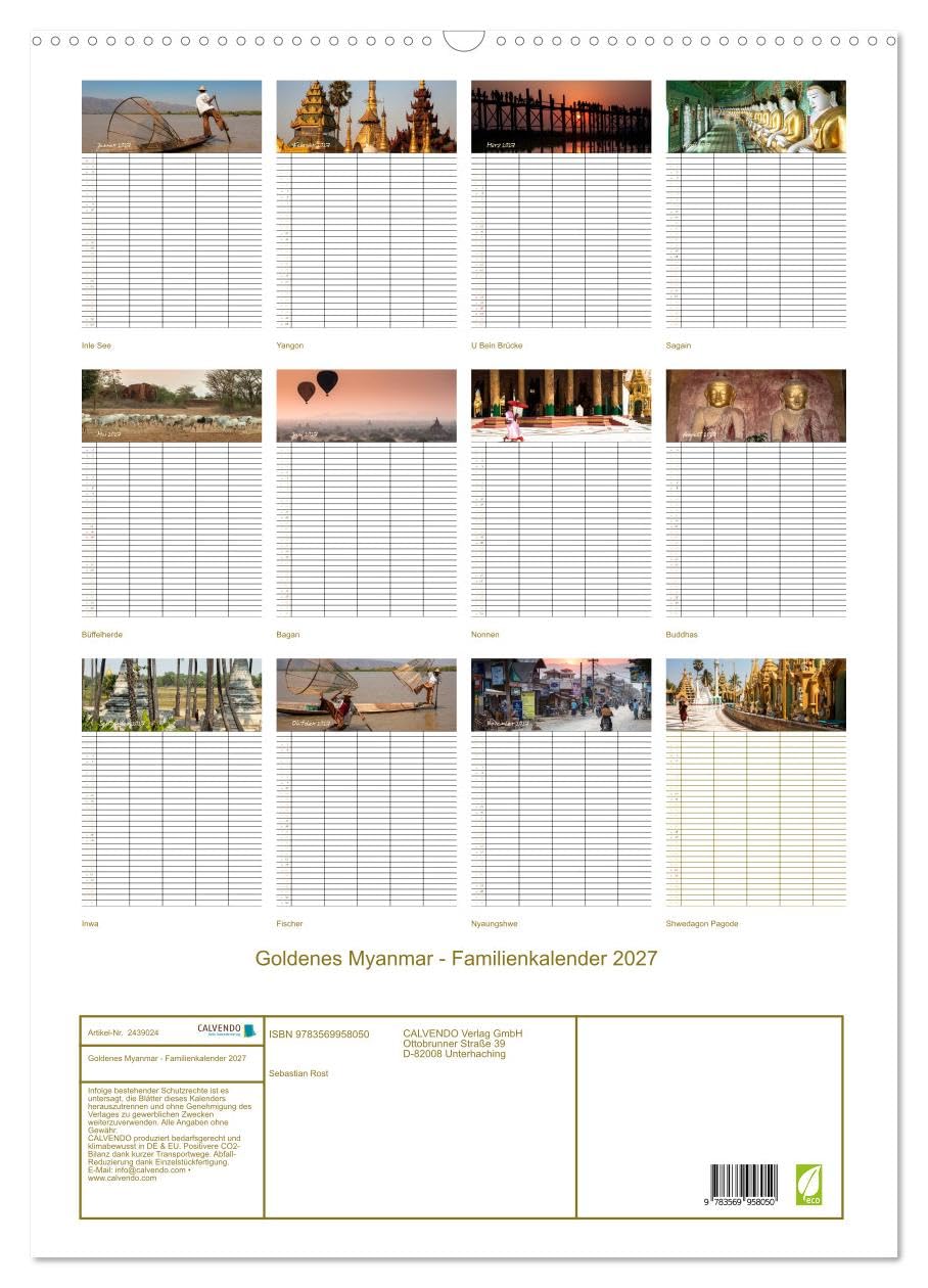 CALVENDO - Goldenes Myanmar - Familienkalender 2027 (Wandkalender 2027 DIN A2 hoch), Monatskalender: Myanmar – das Land der Pagoden, Klöster, Mönche und Buddhas. Dieser Familienplaner bietet Ihnen 5 S