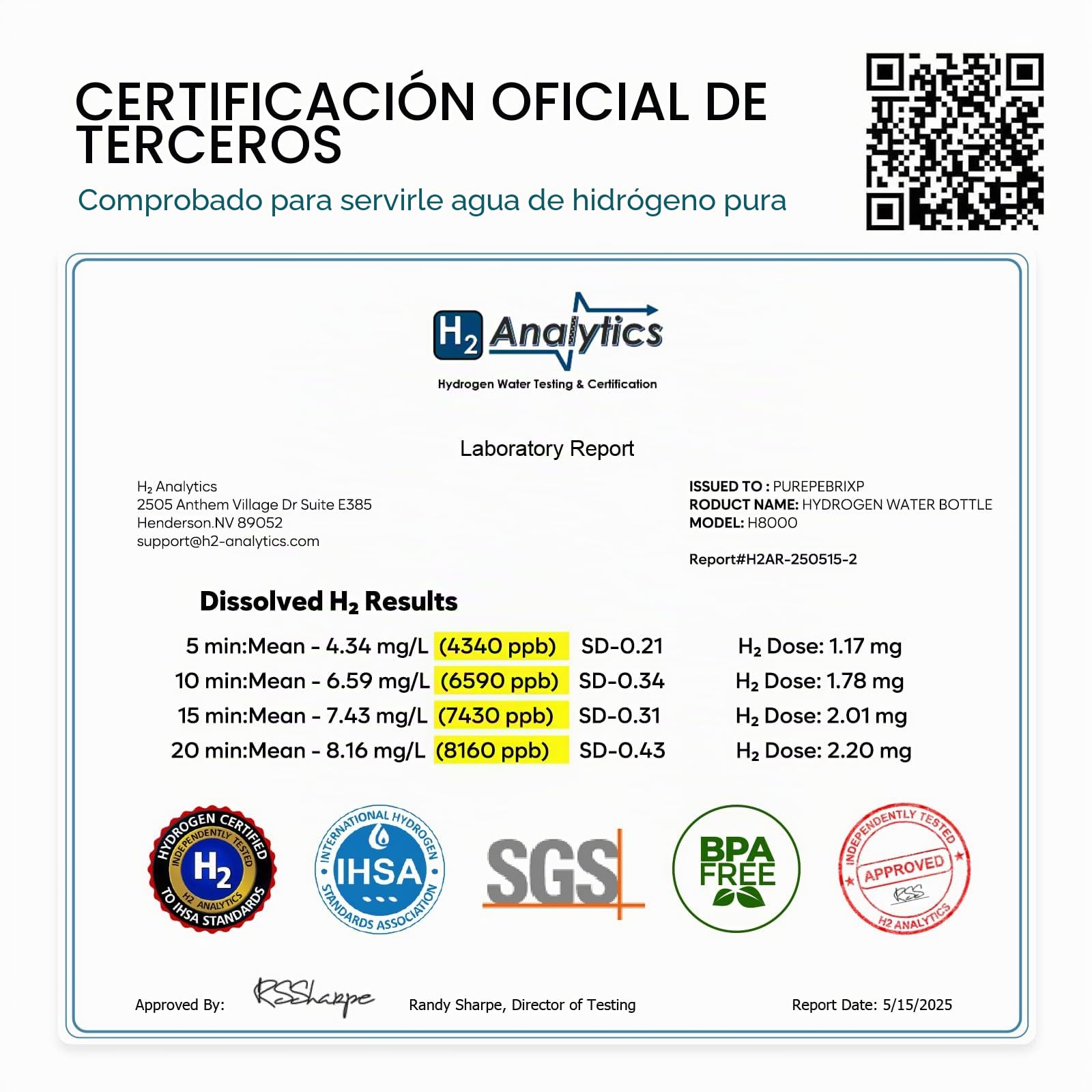 PUREPEBRIX Generador de botellas de agua de hidrógeno hasta 8100 PPB de hidrógeno molecular