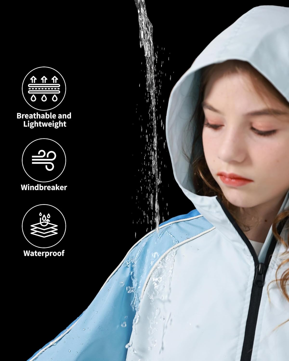 Rolanko Girls Rain Jacket Kids Waterproof Lightweight Hooded Windbreaker Raincoat for Boys Outdoor Hiking School Travel