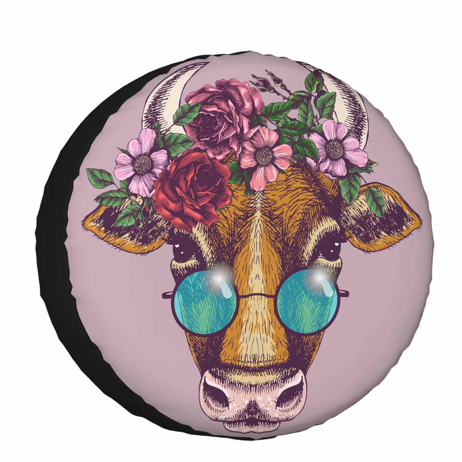 Funda para rueda de repuesto con diseño de vaca, con guirnalda y gafas de sol redondas, para RV, caravana, remolque, SUV, camión, remolque de viaje de 15 pulgadas