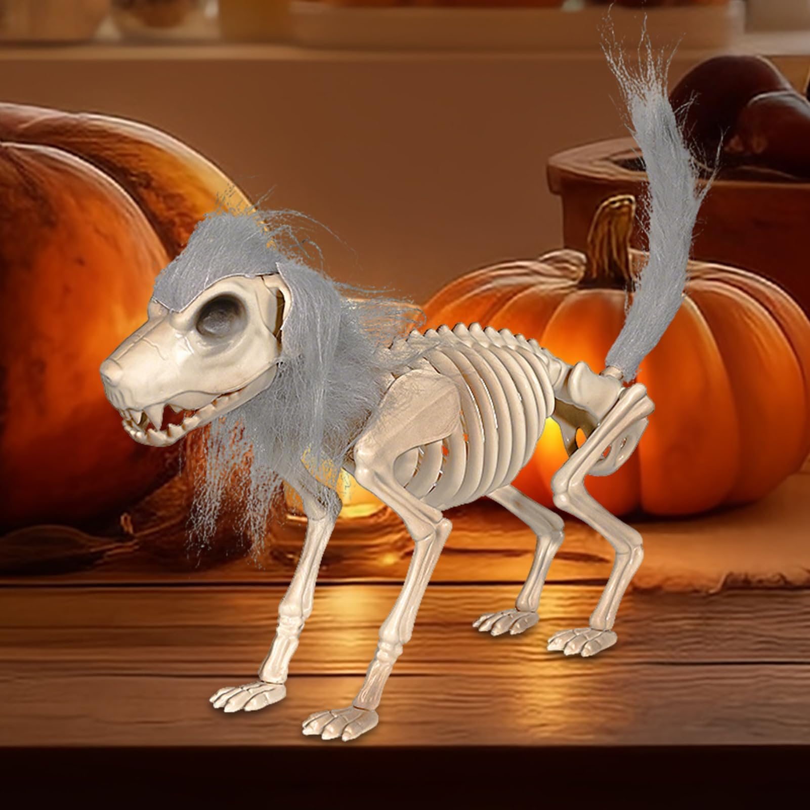Decoración de perro esqueleto de Halloween – Calavera flexible con hombre, figura de animal, mesa espeluznante y accesorios de Halloween para el jardín