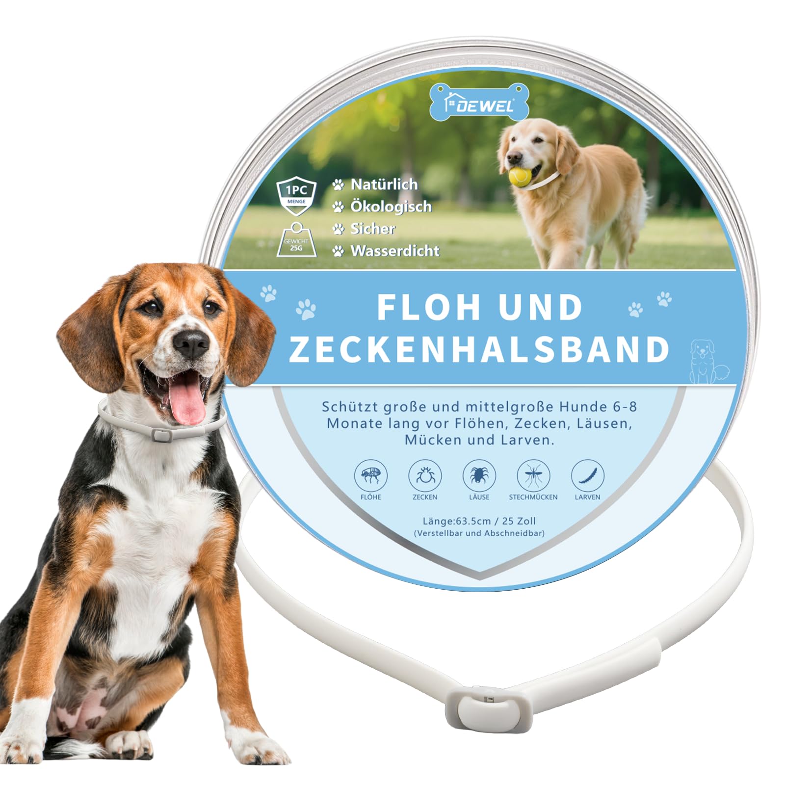 DEWEL Zeckenhalsband für Hunde für kleine, mittlere und große Haustiere - 8 Monate Schutz- 63.5 cm verstellbar für alle Größen - Flohschutz Halsband für Hunde (weiß)