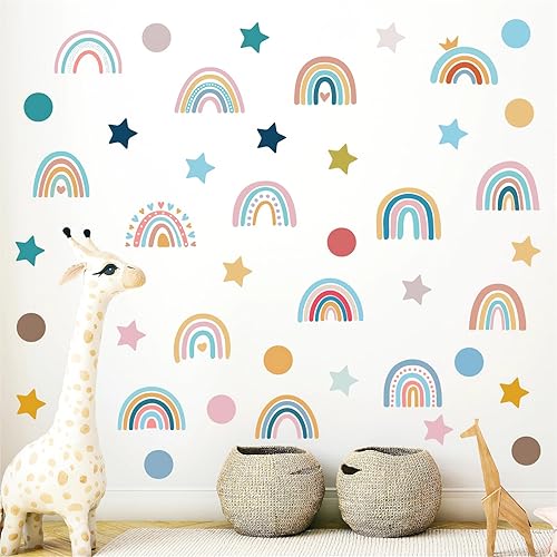 4 hojas de 76 calcomanías de pared con diseño de estrellas y puntos, diseño bohemio de arco iris, removibles, para niños, bebés, guardería, sala de