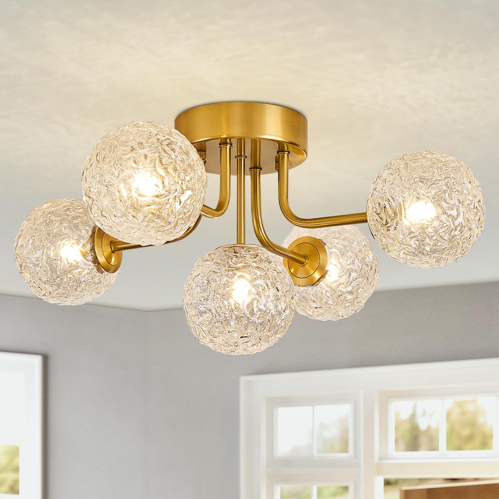 Sputnik Semi Flush Mount Ceiling Light Mid Century Modern Gold Ceiling Light 5 Lights Clear Glass Globe Chandelier for Bedroom Kitchen Entryway Closet