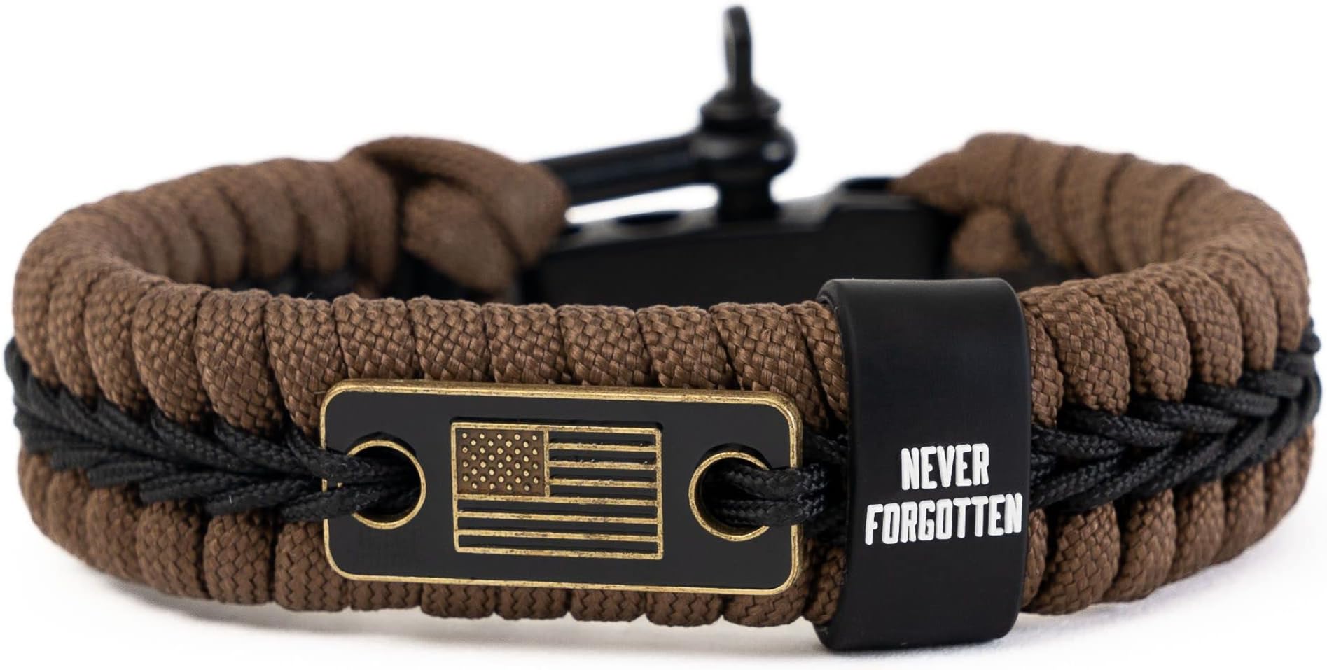 iHeartDogs Hero Company Never Forgotten Paracord Bracelet - Tactical Survival Bracelet for Men with Bronze USA Flag - Helps Pair Military Veterans with a Companion Dog - Brown, 7 5 inch, Paracord