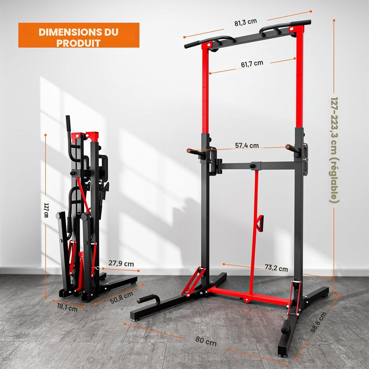 ONETWOFIT Chaise Romaine Power Tower Pliable Dip Station Barre de Traction Ajustable Station de Traction à Hauteur Réglable, Multifonction Fitness Strength avec Barre de Tractions (BLACK-3)