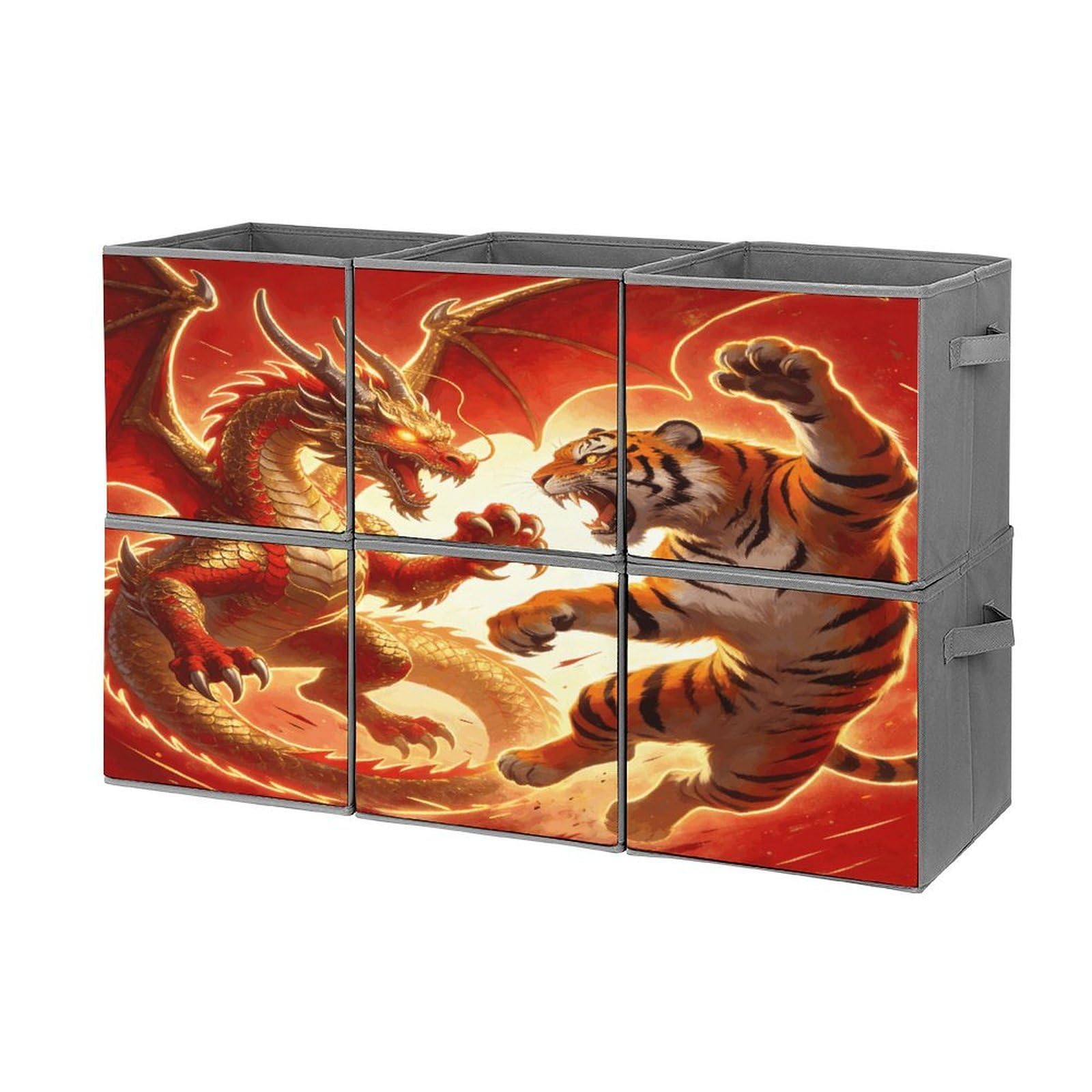 Fodpand Style Dragon Versus Tiger Cube Bins With Double Handles,Set Of 6 Cube Organizer, Stackable And Foldable Storage Bins For Organization, Closet, Shelves, Offices
