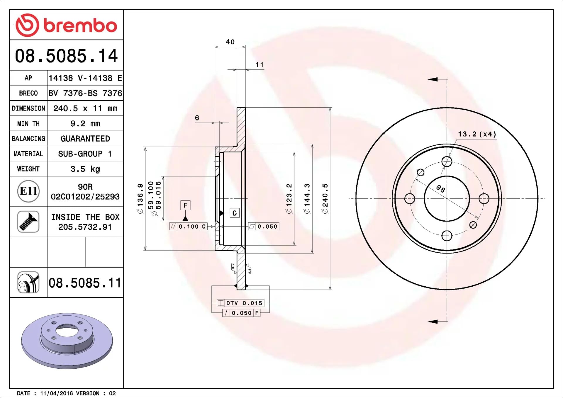BREMBO KIT DISCHI + PASTIGLIE FRENO ANTERIORE PER FIAT 500 (2ª SERIE) 1.2 / GPL DAL 2007