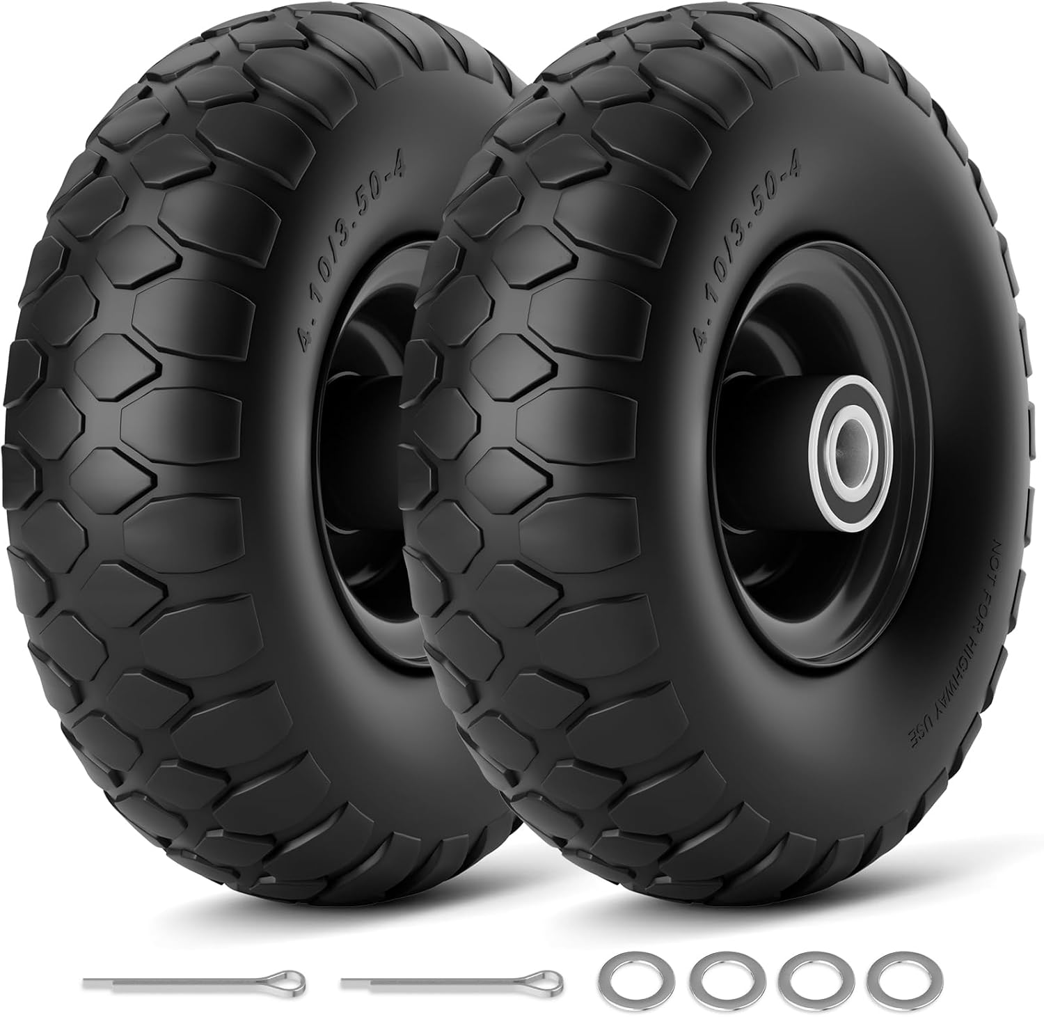 4.10/3.50-4 solid tire 10in flat-free wheels, 500Lbs load, 5/8" bearing, 2pack