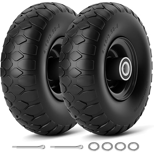 RONPOW 4.10/3.50-4 Flat Free Tire, 10 Inch Solid Tires, 500Lb Heavy Duty Replacement Wheel with 5/8" Bearings, Compatible with gorilla Cart, Garden Carts, Dump Wagons, Dolly & Hand Trucks, 2Pack Black