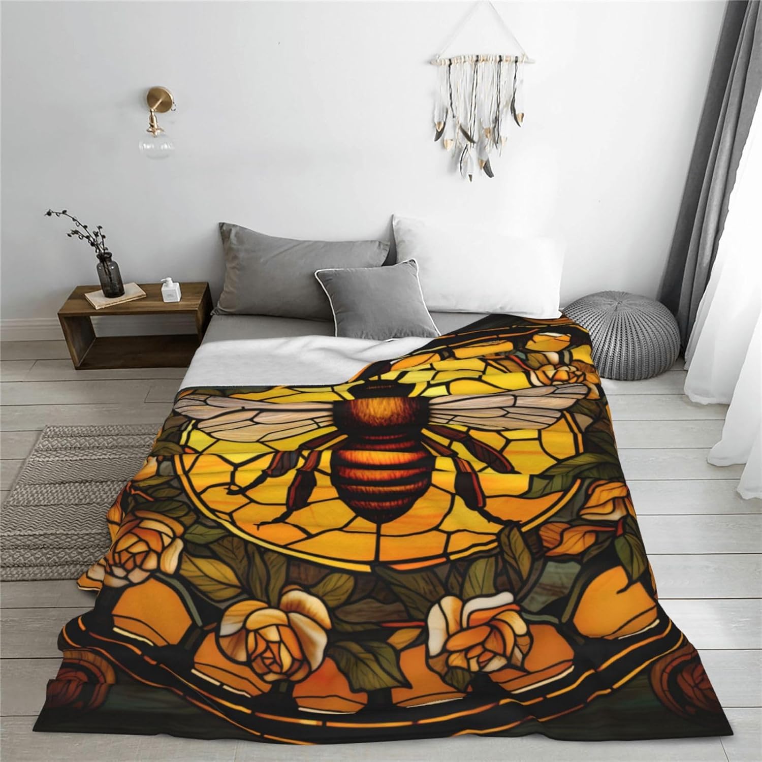 Bee Blanket for Adults Kids Bee Blanket Gifts 60" x 50" Flannel Stained-Glass Bee Yellow Rose Throw Blanket for Bed Living Room Sofa Couch Soft Warm Lightweight Cozy Bee Decor