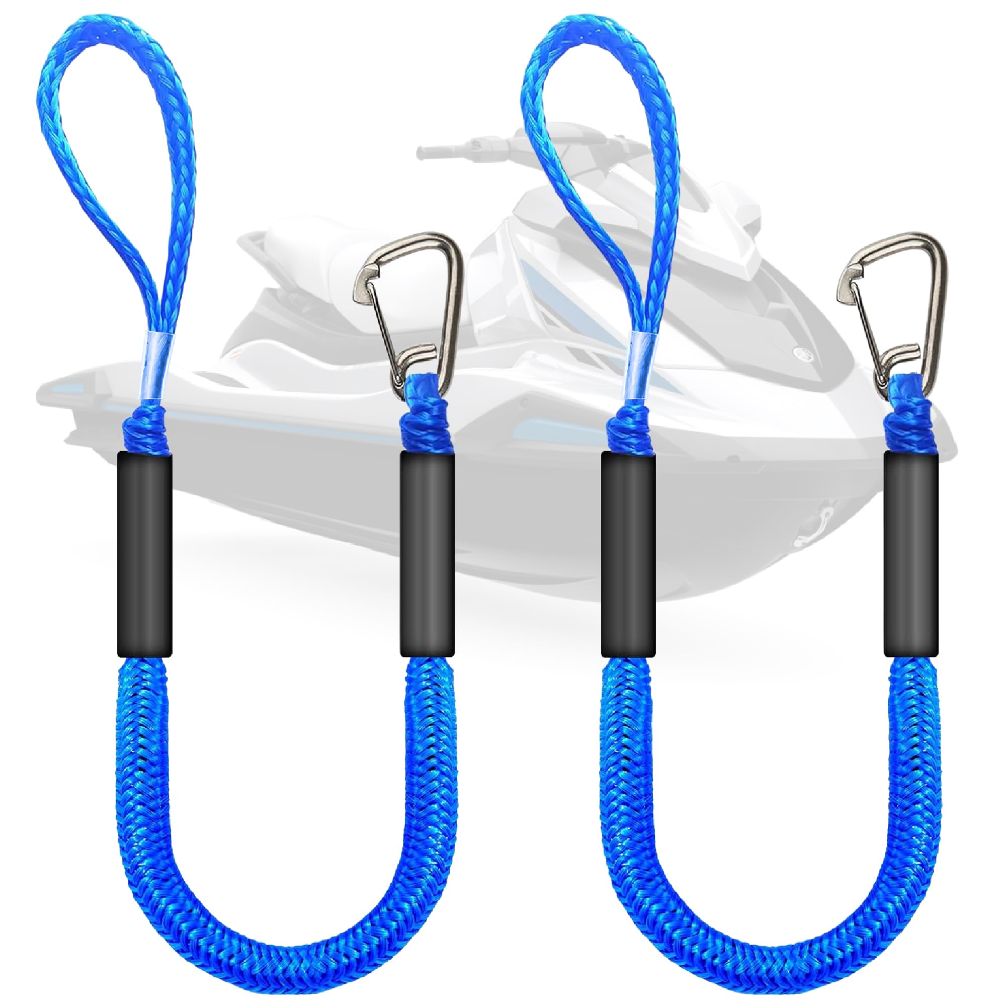 Five Oceans 4Ft PWC Dock Line, Bungee Dock Lines for Boats with 316 Stainless Steel Clips, 2-Pack, Blue - Mooring Rope for Boats, Jet Ski, Kayak, Watercraft & Canoe - FO5046