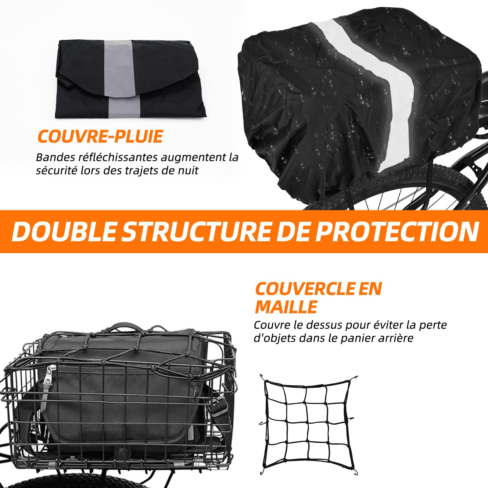Panier de vélo. Panier de vélo unisexe, montage arrière, amovible, grande capacité, adapté pour vélos électriques, VTT, vélos de ville et vélos de loisir. (Montage sur roue arrière, pliable)
