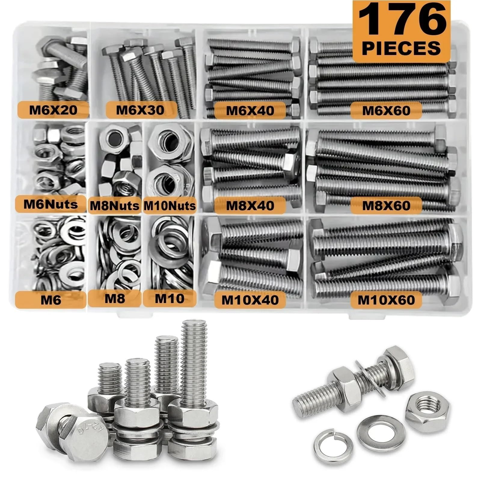 Schrauben und Muttern Set M6 M8 M10 Hochleistungsschrauben- und Muttern-Sortiment-Kit, 304 Edelstahl, Enthält die 8 gängigsten Größen(620PCS)