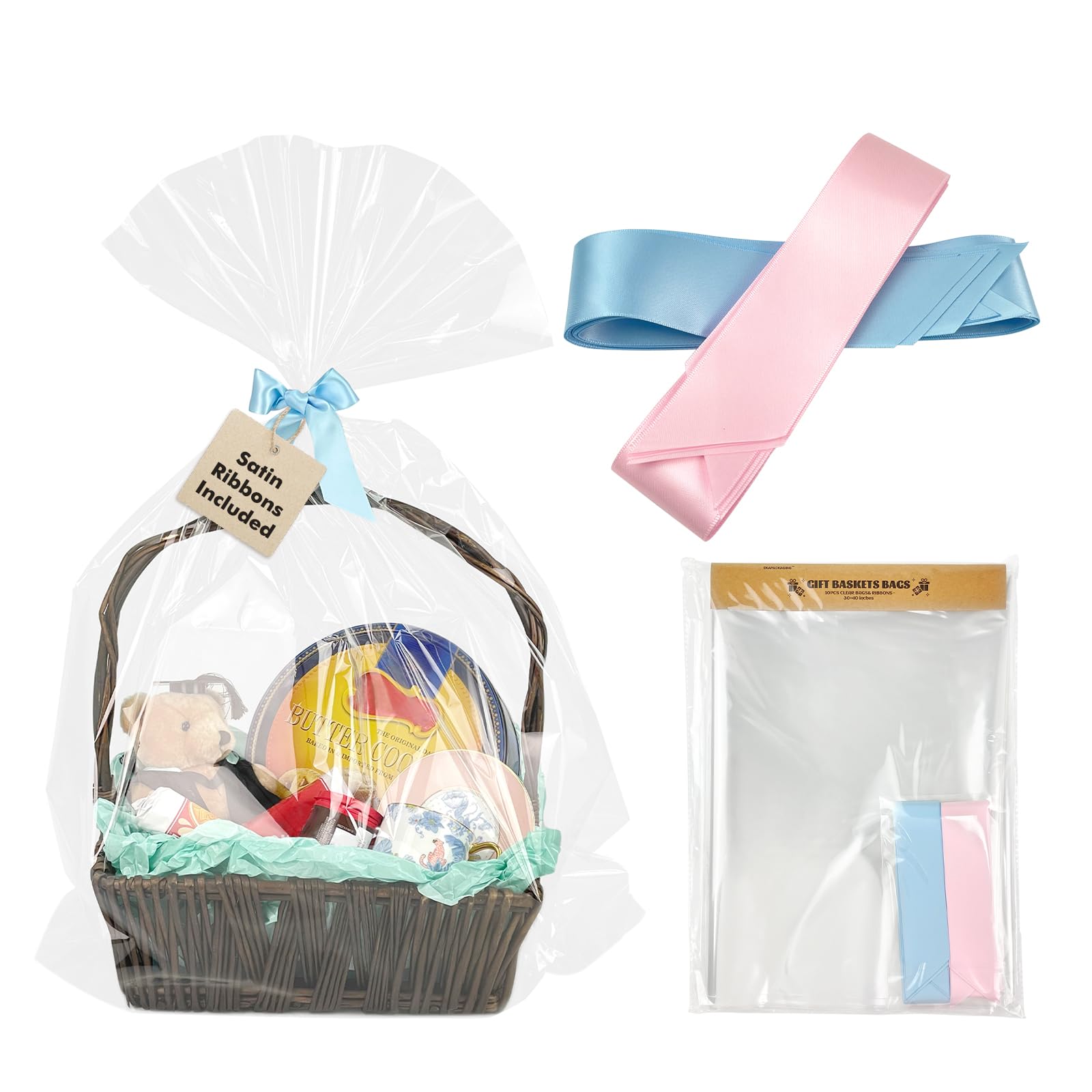 EKAPACKAGING Sacchetti trasparenti in cellophane, 76 x 101 cm, 10 pezzi, con nastri, sacchetti regalo per Pasqua, festa della mamma, bomboniere, snack, imballaggi alimentari, baby shower, confezioni