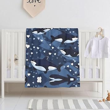 Blue Killer Whale Printed Baby Throw Blanket, Swaddle Blanket, Crib Blanket for Toddlers, Newborns, and Children