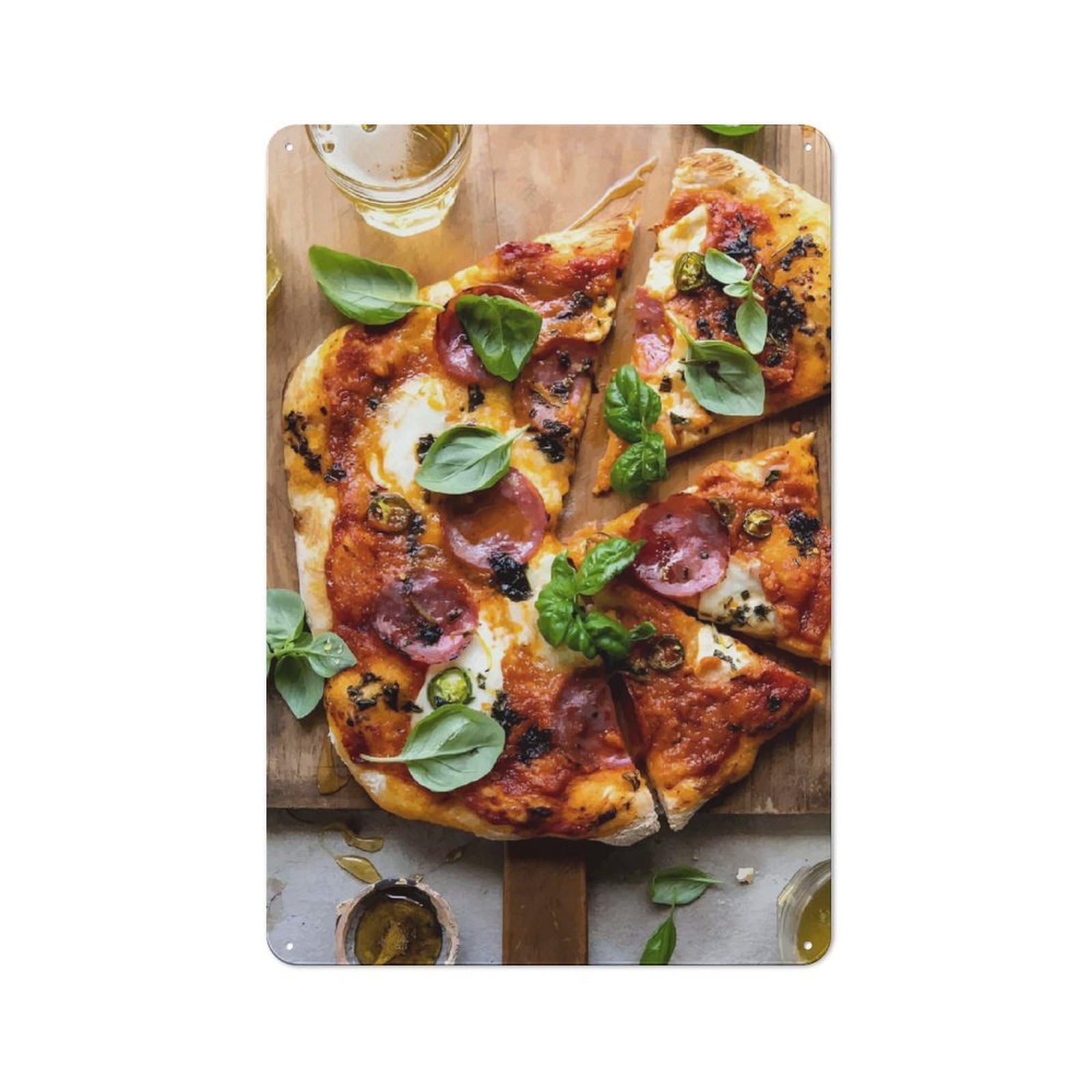 Junmoney Style-9 Pepperoni Pizza With Basil Printed Metal Sign 30X20cm For Dining Room Or Kitchen, A Decorative Christmas Gift For Kitchen Wall Decor Lovers